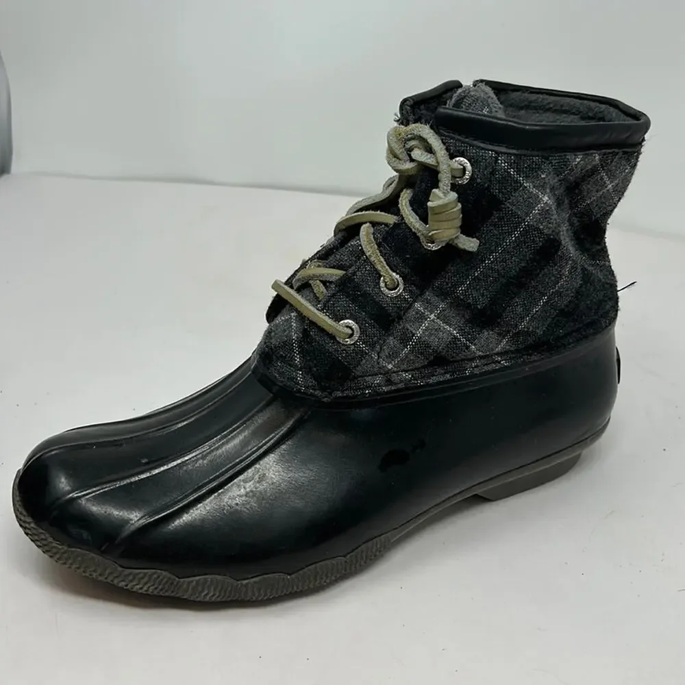 Sperry Top Sider Women's Black & Gray Plaid Rubber Ankle Duck Boots Size 9